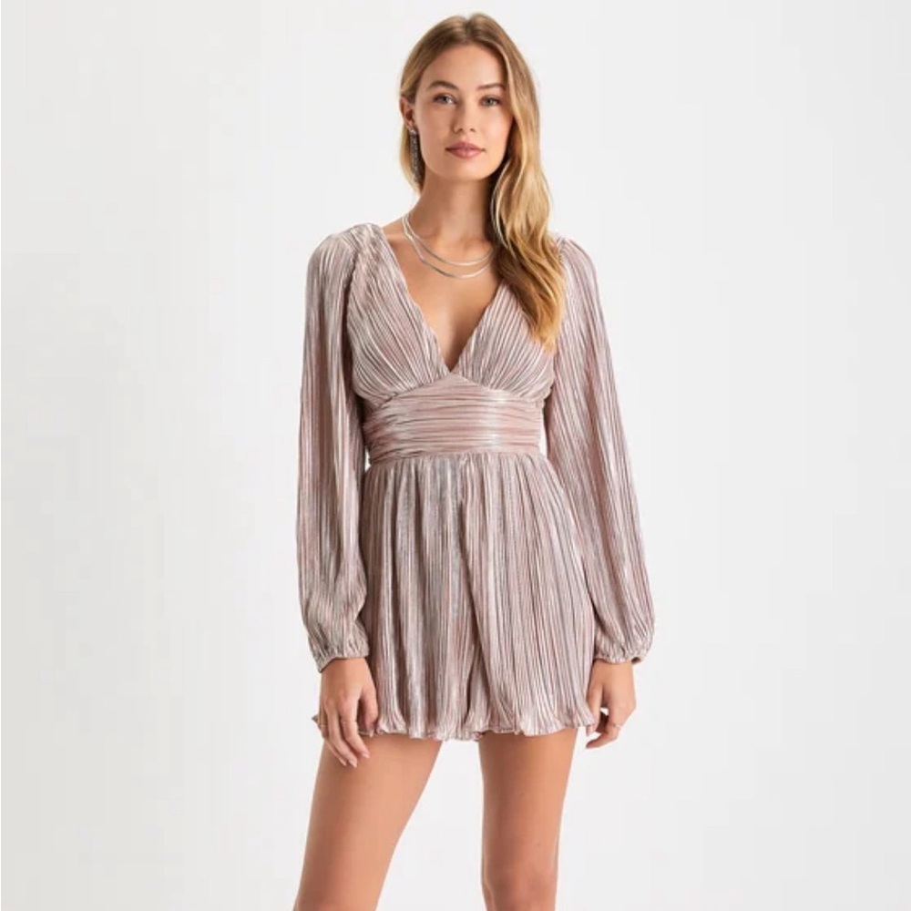 Lulu’s Plisse and Thank You Blush Pleated Long Sleeve Backless Romper
